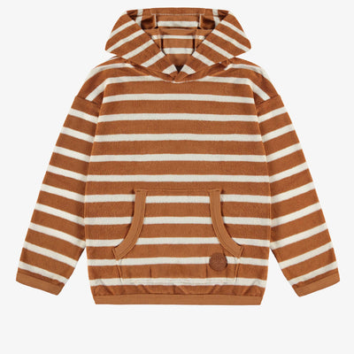Chandail lignée brun et crème à capuchon en ratine, enfant || Brown and cream striped hoodie in terry, child