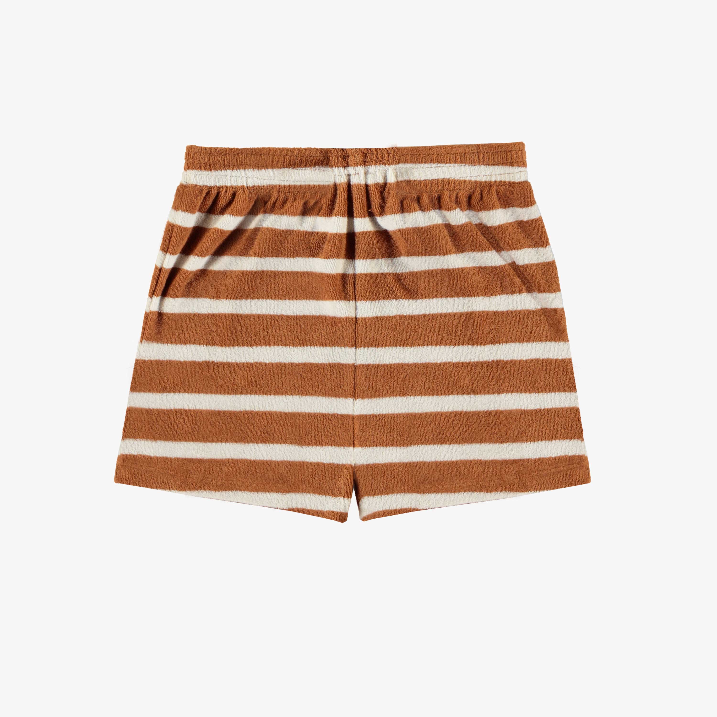 Dos du short ligné caramel et crème en ratine, enfant
