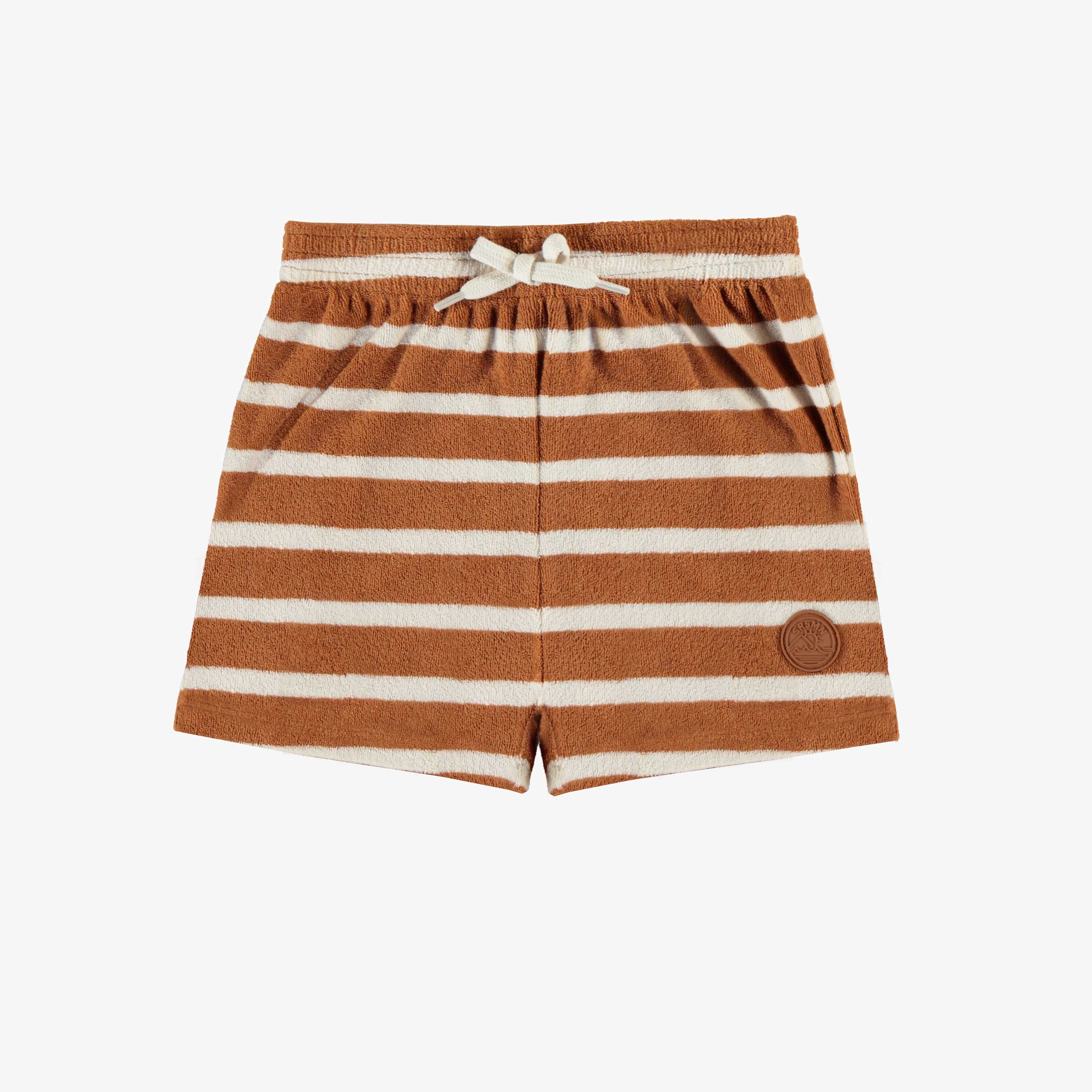 Short ligné caramel et crème en ratine, enfant
