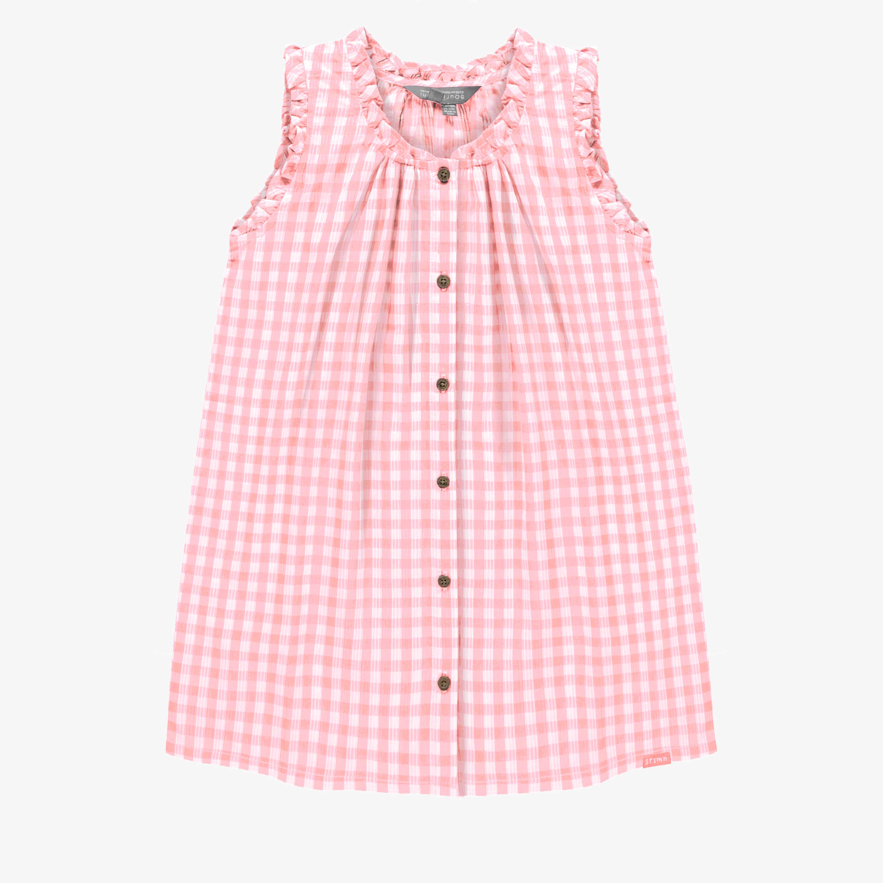 Robe à bretelles larges rose et blanche à carreaux en seersucker, enfant