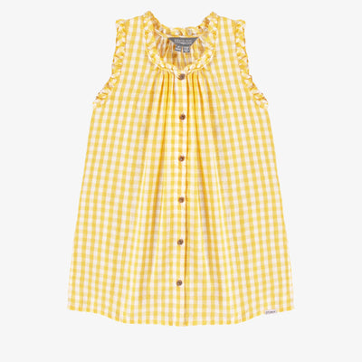 Robe à bretelles larges jaune et blanche à carreaux en seersucker, enfant || Yellow and white checkered dress with large straps in seersucker, child