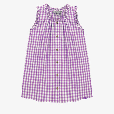 Robe à bretelles larges mauve et blanche à carreaux en seersucker, enfant || Purple and white checkered dress with large straps in seersucker, child