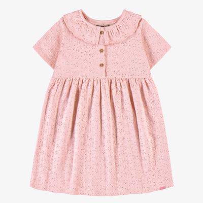 Robe rose en broderie anglaise à fleurs ajourées en jersey extensible, enfant || Pink dress in broderie anglaise with openwork flowers in stretch jersey, child