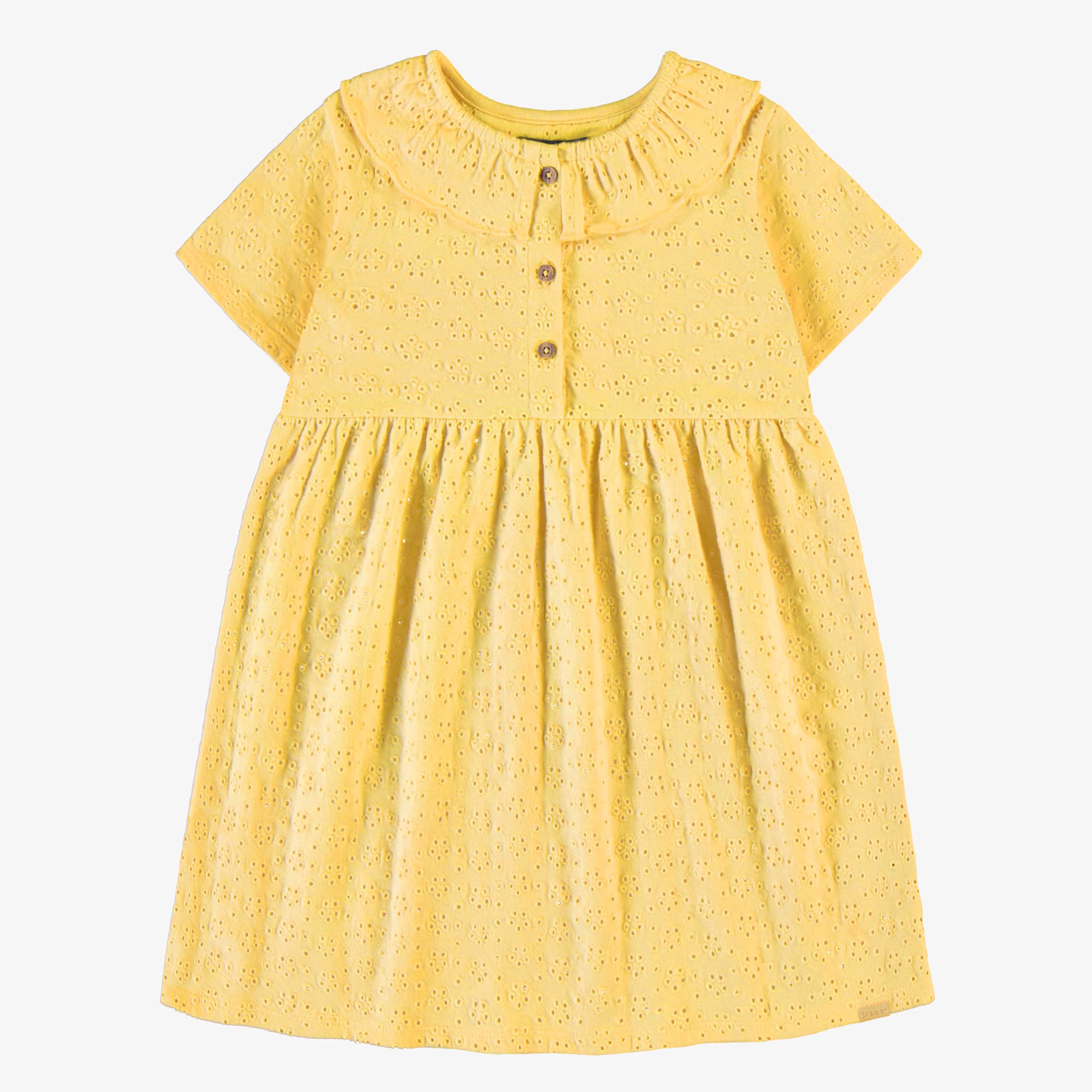 Yellow dress in broderie anglaise with openwork flowers in stretch jersey, child