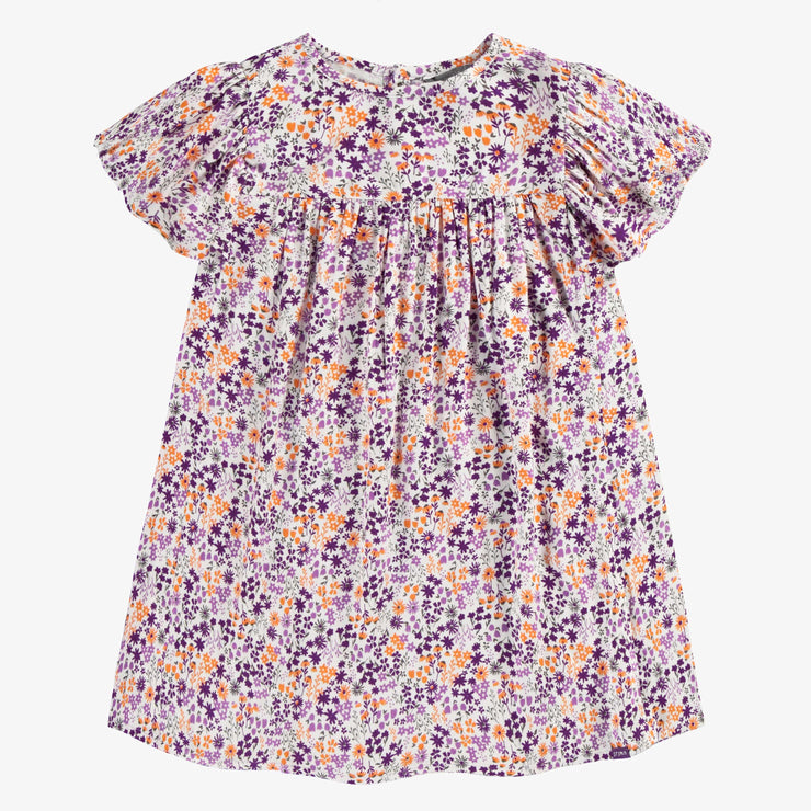 Robe évasée à manches courtes mauve fleurie en viscose, enfant || Purple flowery dress with short sleeves in viscose, child