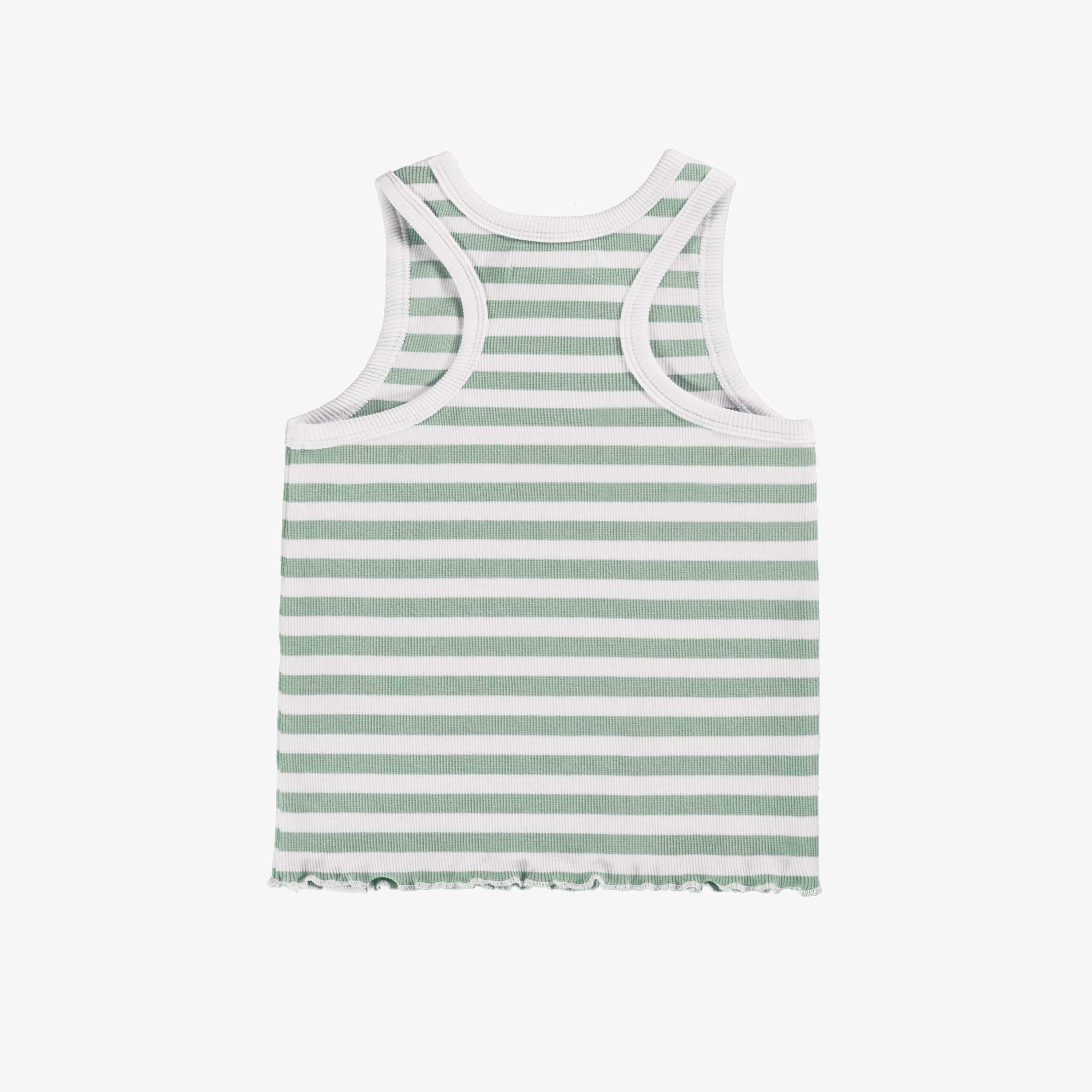 Dos de la camisole ajustée à rayures blanc et vert sauge en tricot côtelé extensible, enfant