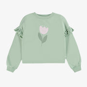 Chandail ample vert sauge avec motif de tulipe en coton français, enfant || Loose-fitting sage green sweater with tulip motif in french cotton, child Media 1 of 1