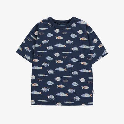 T-shirt ample marine avec motif de poissons en jersey doux, enfant || Loose-fitting navy t-shirt with fish all over print in soft jersey, child