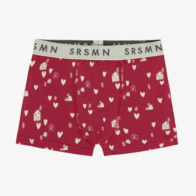 Boxer rouge à motif de cœurs crème en jersey extensible, enfant || Red boxer with cream hearts print in stretch jersey, child