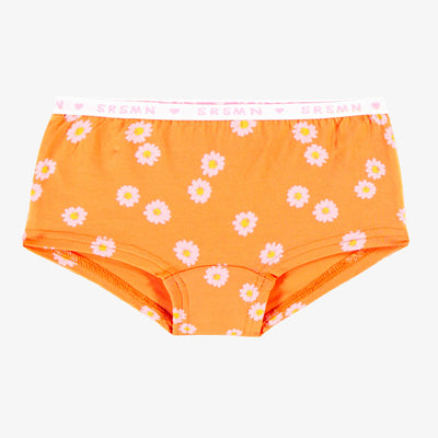 Culotte garçonne tangerine avec motifs de marguerites en jersey extensible, enfant || Tangerine boycut panties with daisy all over print in stretch jersey, child
