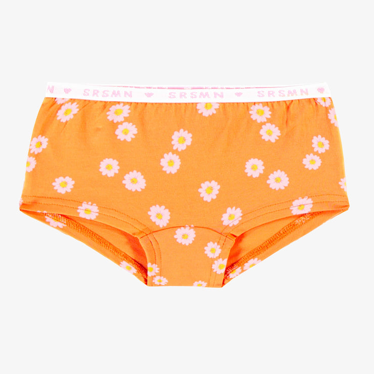 Culotte garçonne tangerine avec motifs de marguerites en jersey extensible, enfant || Tangerine boycut panties with daisy all over print in stretch jersey, child
