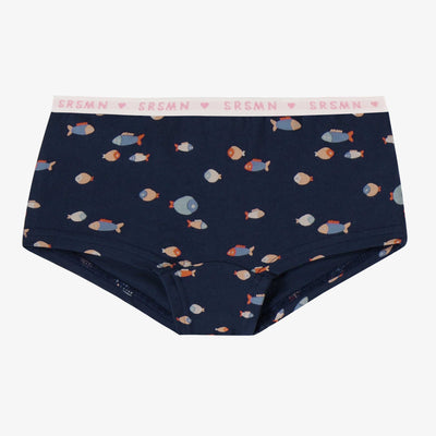 Culotte garçonne marine avec motifs de poissons en jersey extensible, enfant || Navy boycut panties with fish all over print in stretch jersey, child