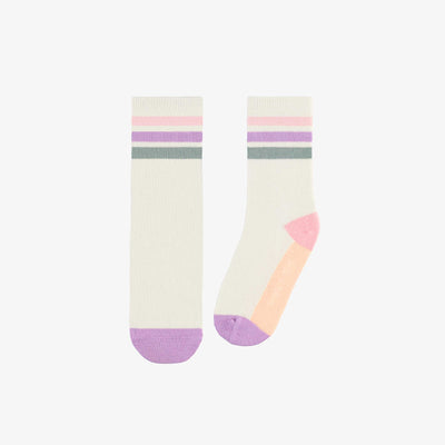 Chaussettes blanches avec des blocs de couleur rose, mauve et vert, enfant || White socks with pink, purple and green color blocks, child