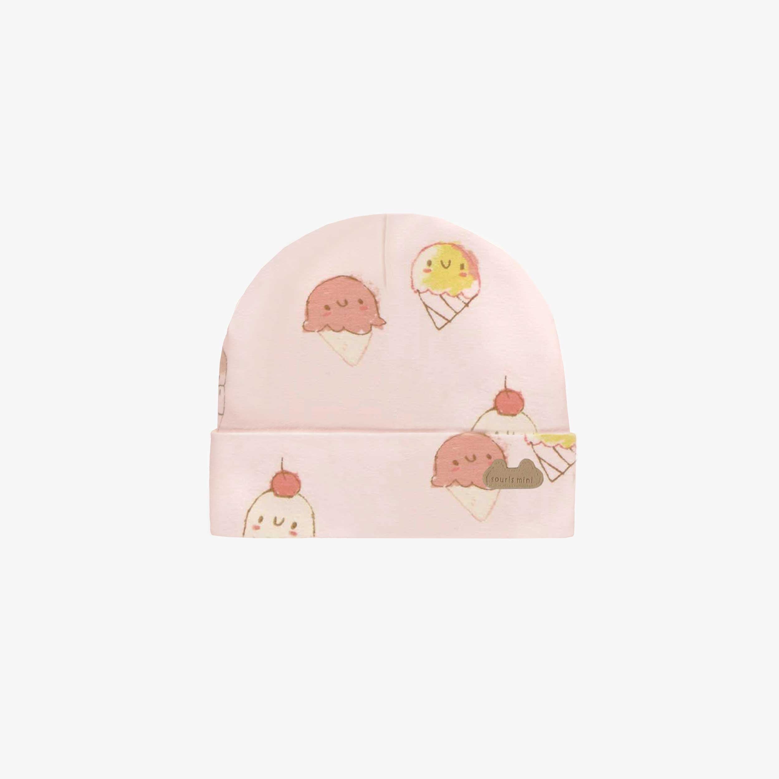 Bonnet rose pâle avec motif de crèmes glacées en coton biologique, naissance