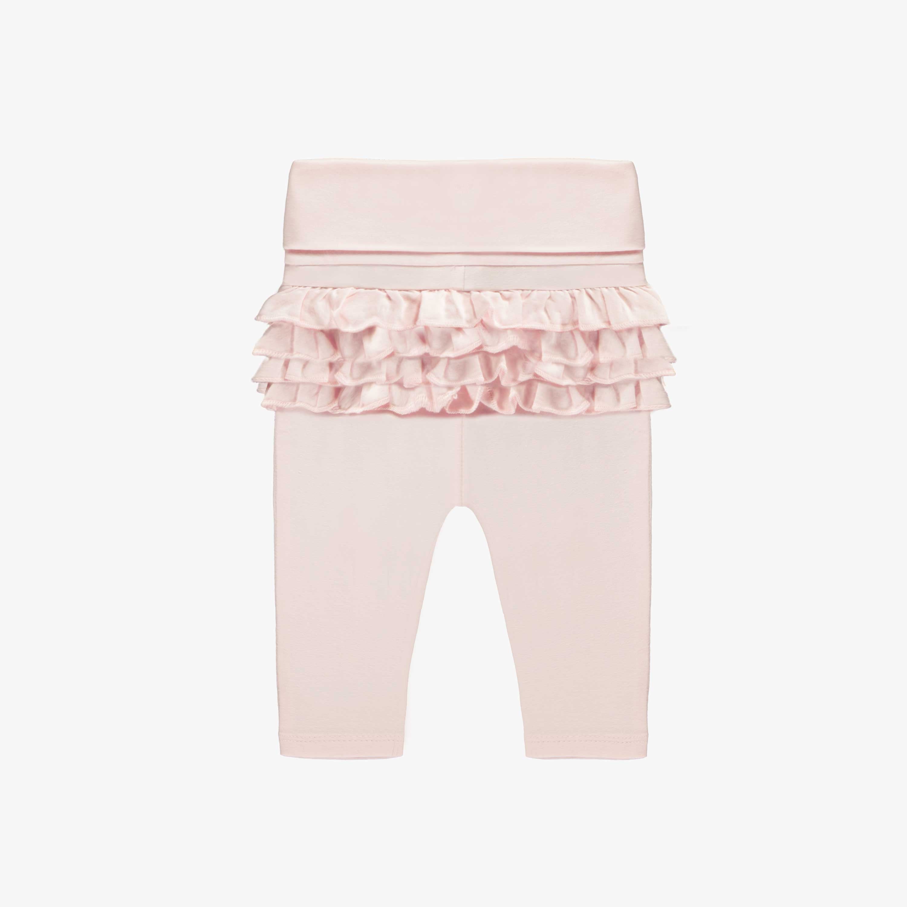 Dos du legging à volants rose pâle en coton biologique, naissance