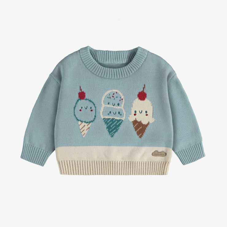 Chandail de maille à manches longues bleu et crème motif jacquard, naissance || Long sleeves blue and cream knit sweater with jacquard pattern, newborn