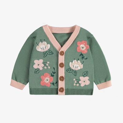 Veste de maille à manches longue verte à motif jacquard de fleurs, naissance || Green long sleeves knitted vest with flower in jacquard pattern, newborn