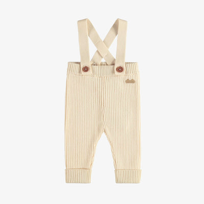 Pantalon de maille côtelée avec bretelles amovibles crème, naissance || Rib knit pants with removable straps cream, newborn
