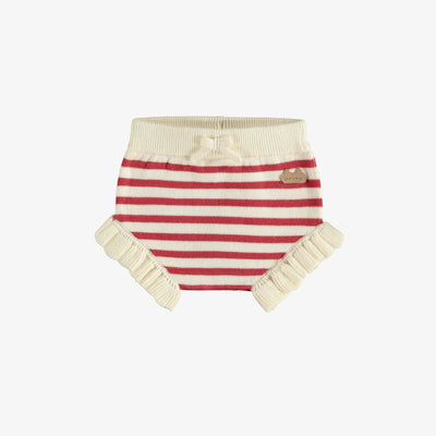 Short de maille avec volants à rayure crème et rouge, naissance || Cream and red stripes knitted short with ruffles, newborn