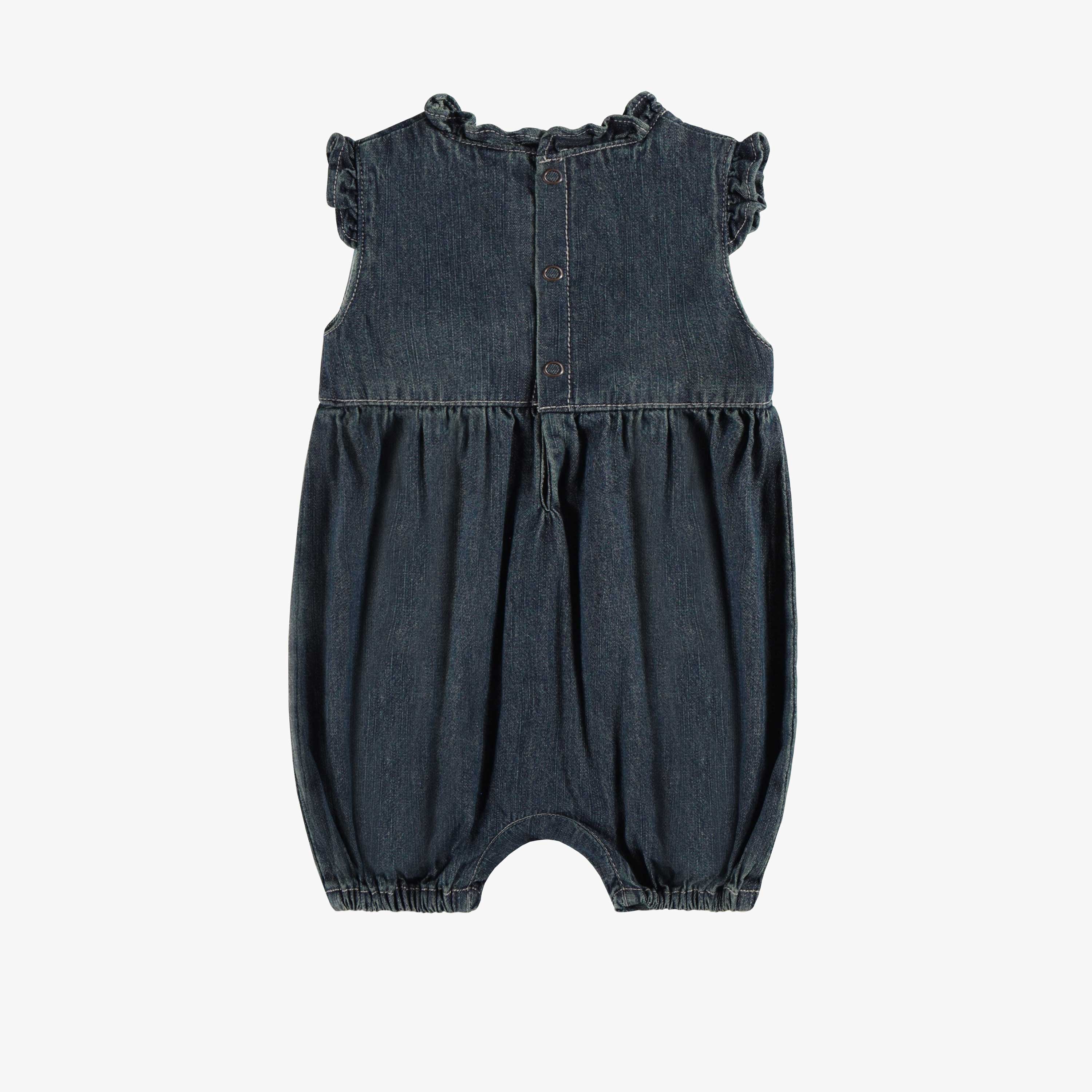 Dos de l'une pièce coupe régulière en denim léger bleu foncé, naissance