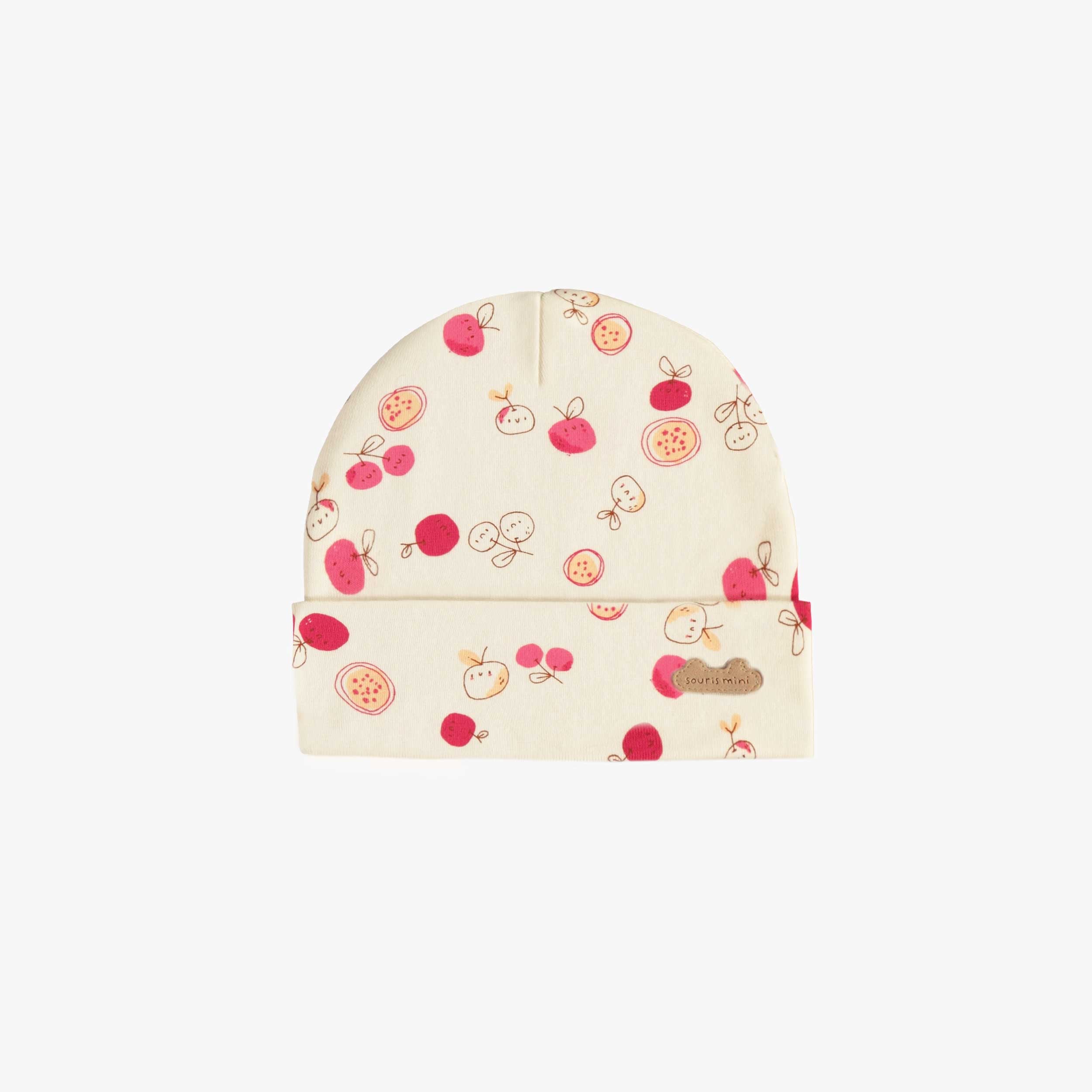 Bonnet crème avec motif de cerises en tricot côtelé de coton biologique, naissance