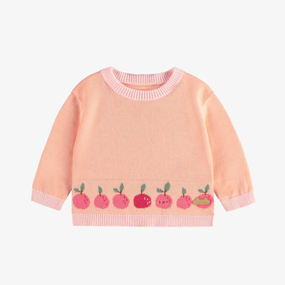 Chandail de maille manches longues pêche motif jacquard fruité, naissance || Long sleeve knitted sweater peach fruity jacquard pattern, newborn