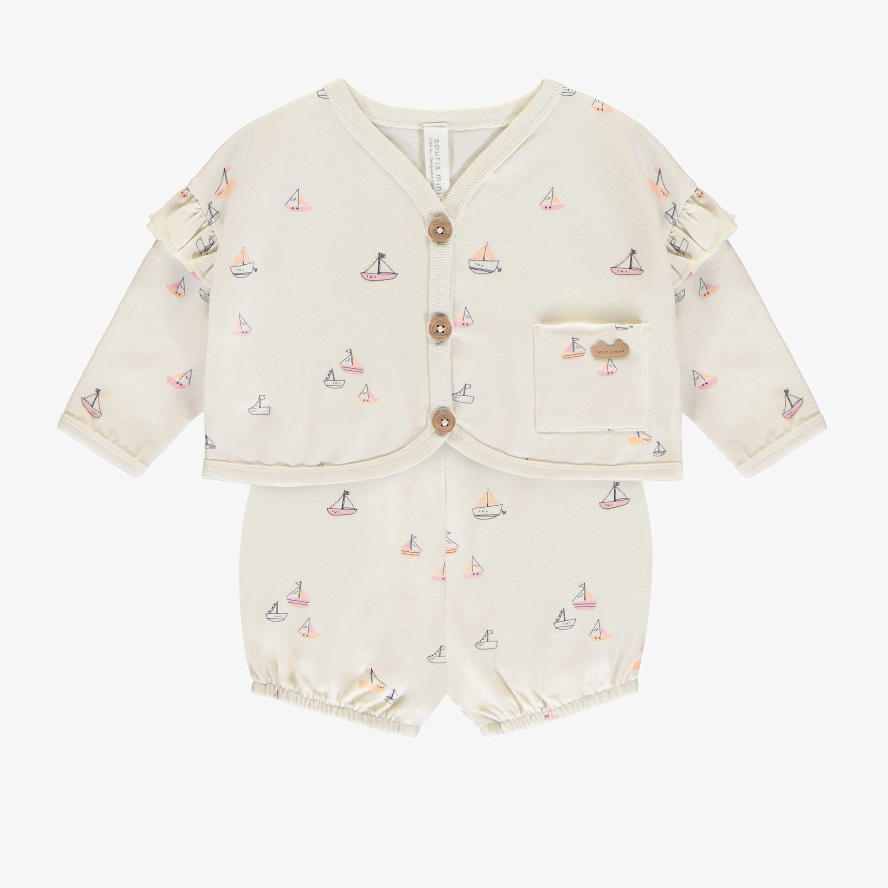 Ensemble deux-pièces veste et short crème avec motif de voiliers en coton biologique, naissance
