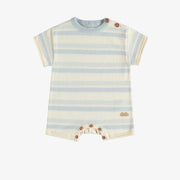 Une pièce de maille manches courtes à rayures bleu pâle et crème, naissance || Knitted one-piece with baby blue and cream stripes, newborn