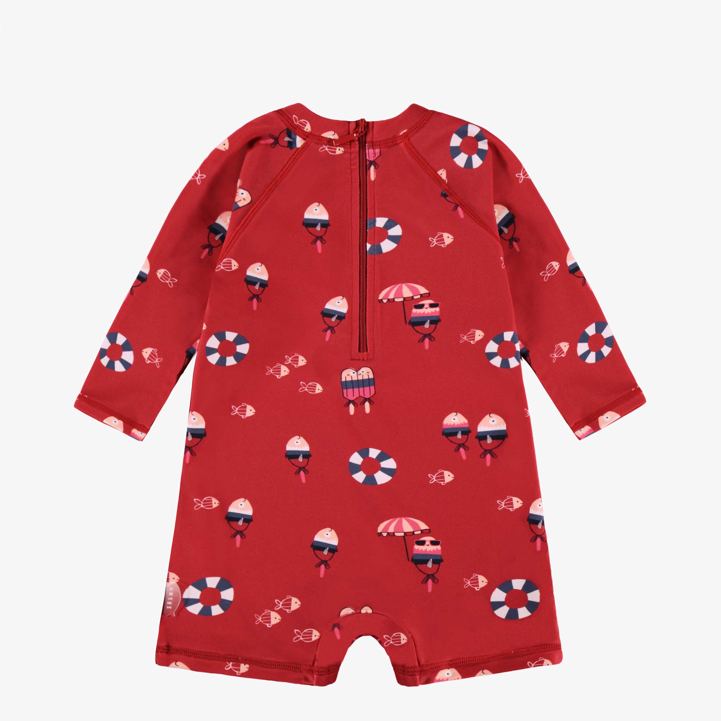Dos du maillot de bain une pièce rouge à motifs, bébé