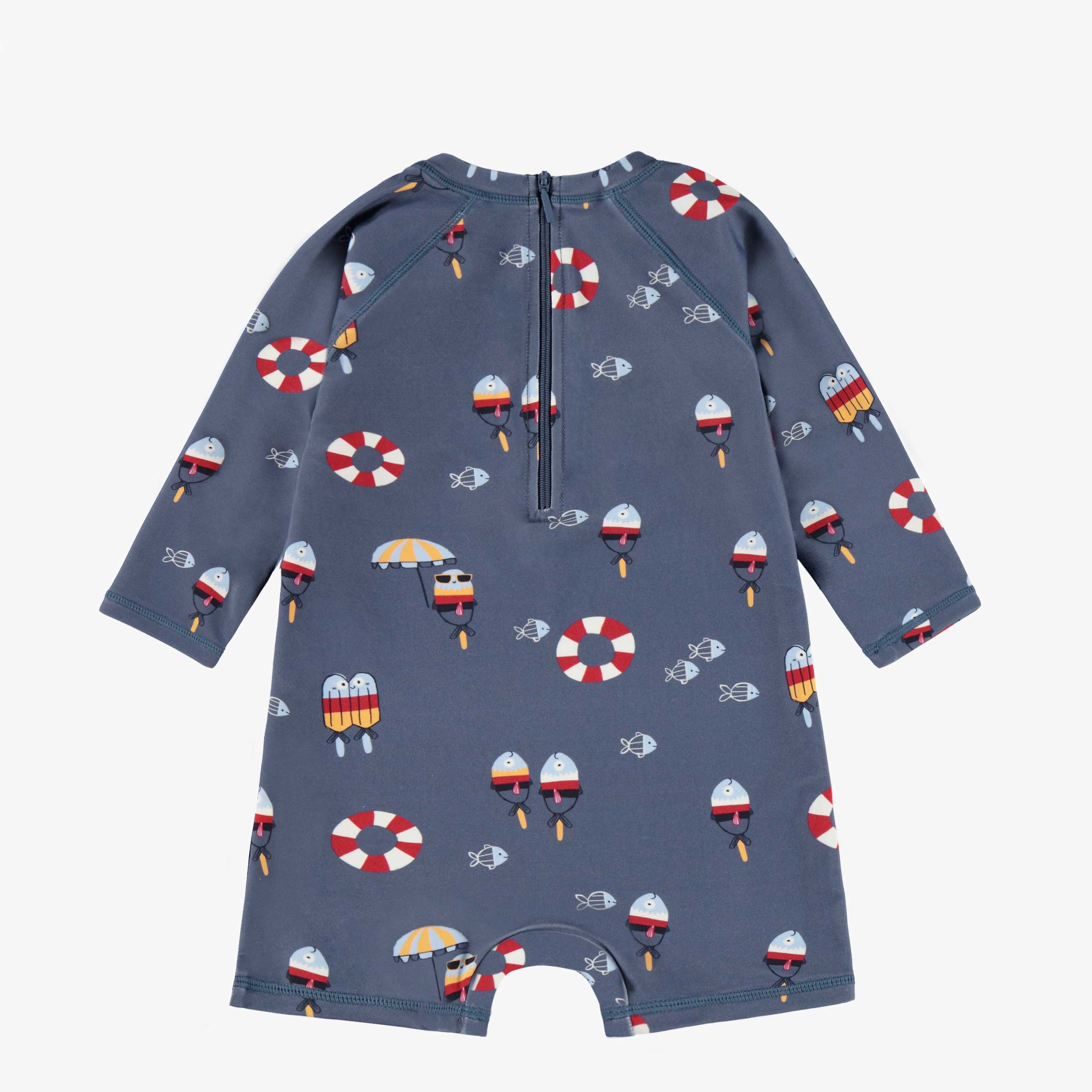 Dos du maillot de bain une pièce bleu marine à motifs, bébé