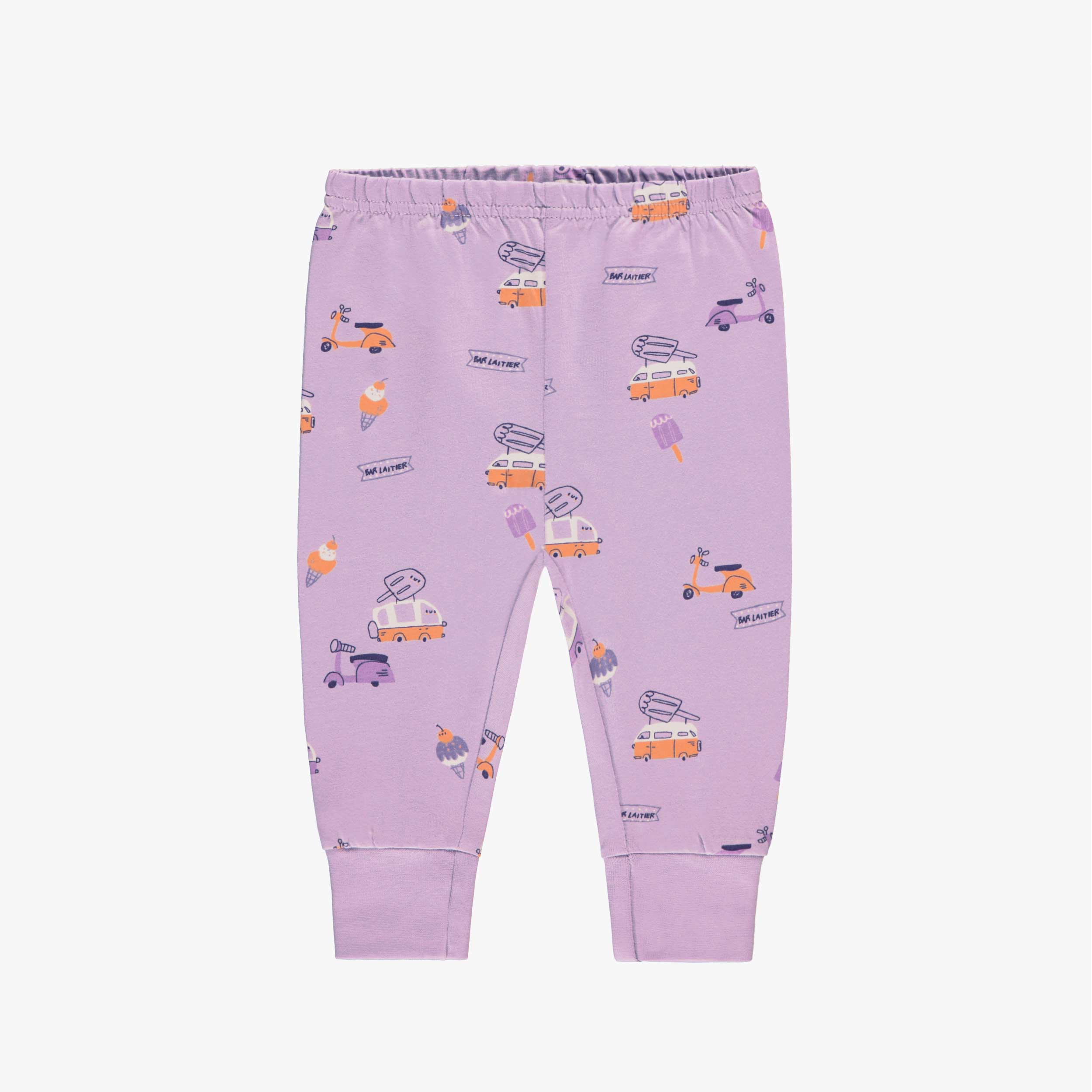 Bas de pyjama deux pièces lilas et crème à motifs et illustration, bébé