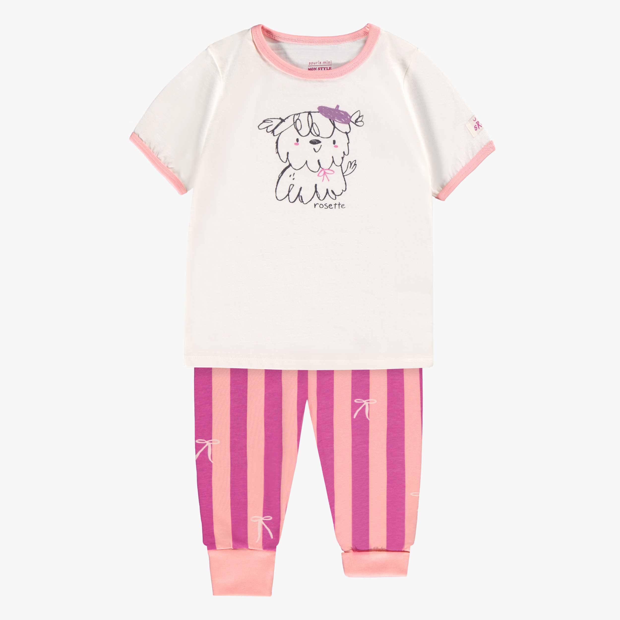 Pyjama deux pièces crème et mauve avec illustration, bébé
