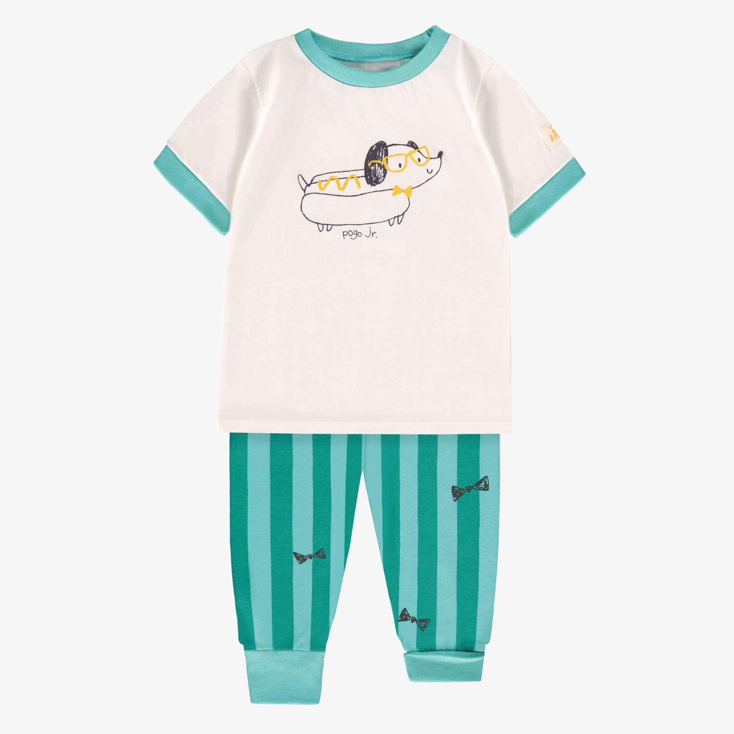 Pyjama deux pièces crème et turquoise avec illustration, bébé