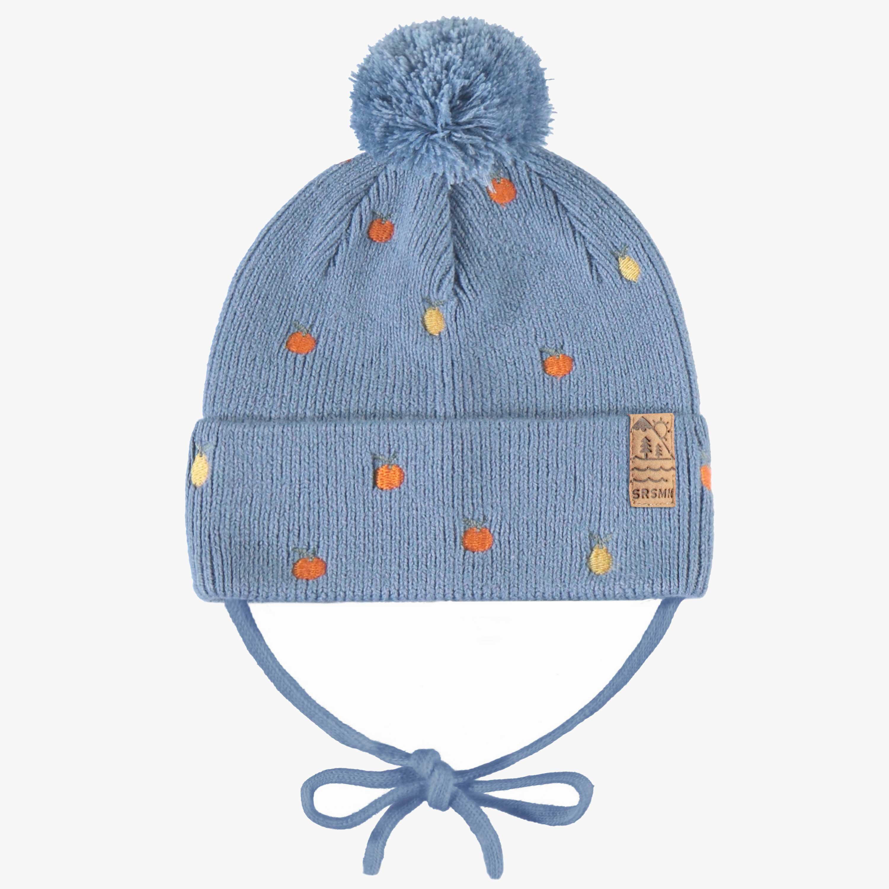 Tuque bleue en tricot avec broderies fruitées, bébé