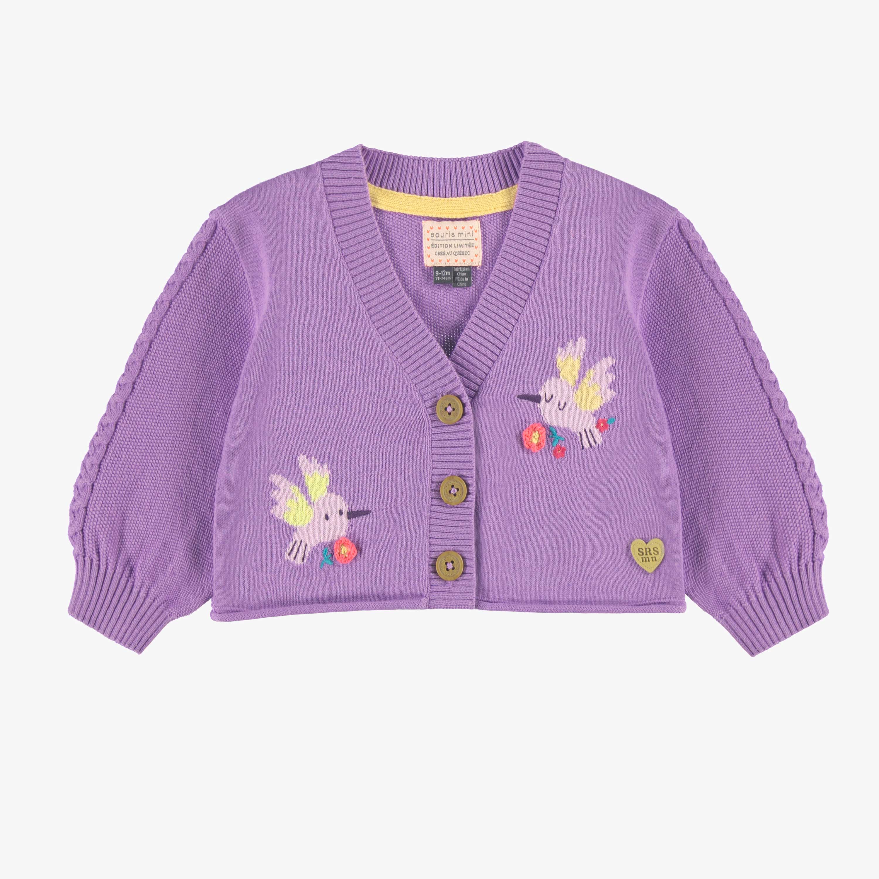 Cardigan de tricot mauve avec colibris, bébé