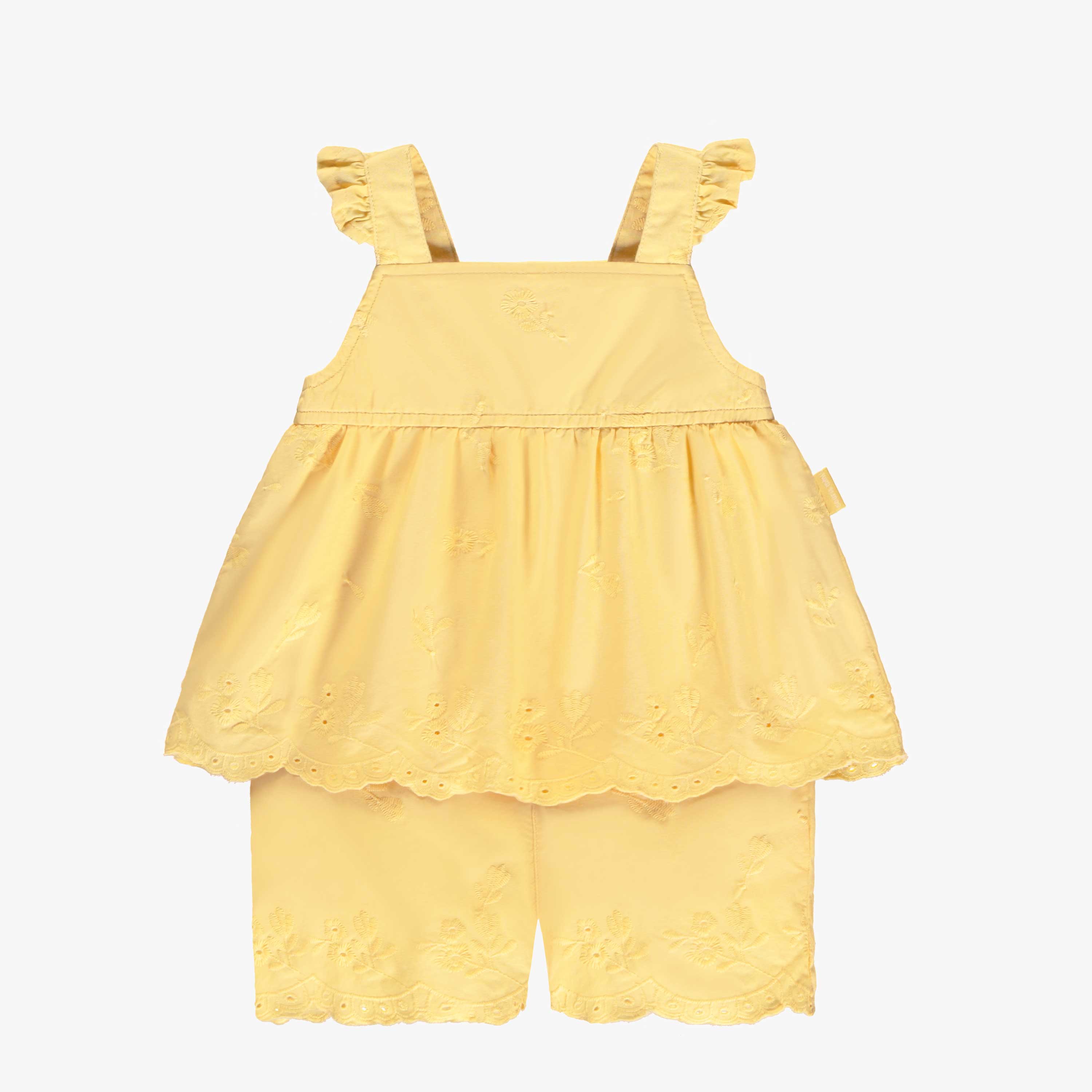 Une pièce jaune en popeline avec broderies et volants, bébé