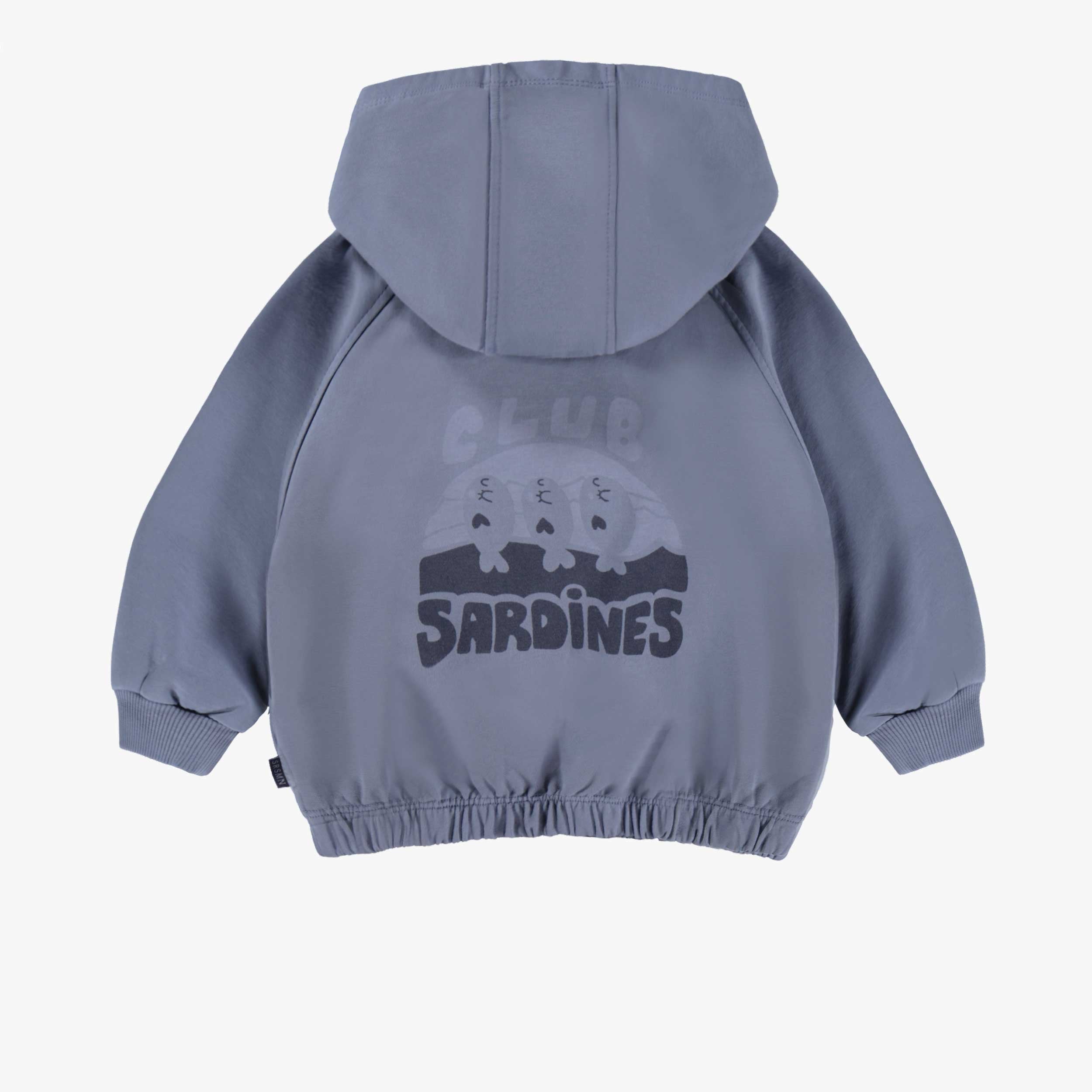 Dos de la veste à capuchon bleue, bébé