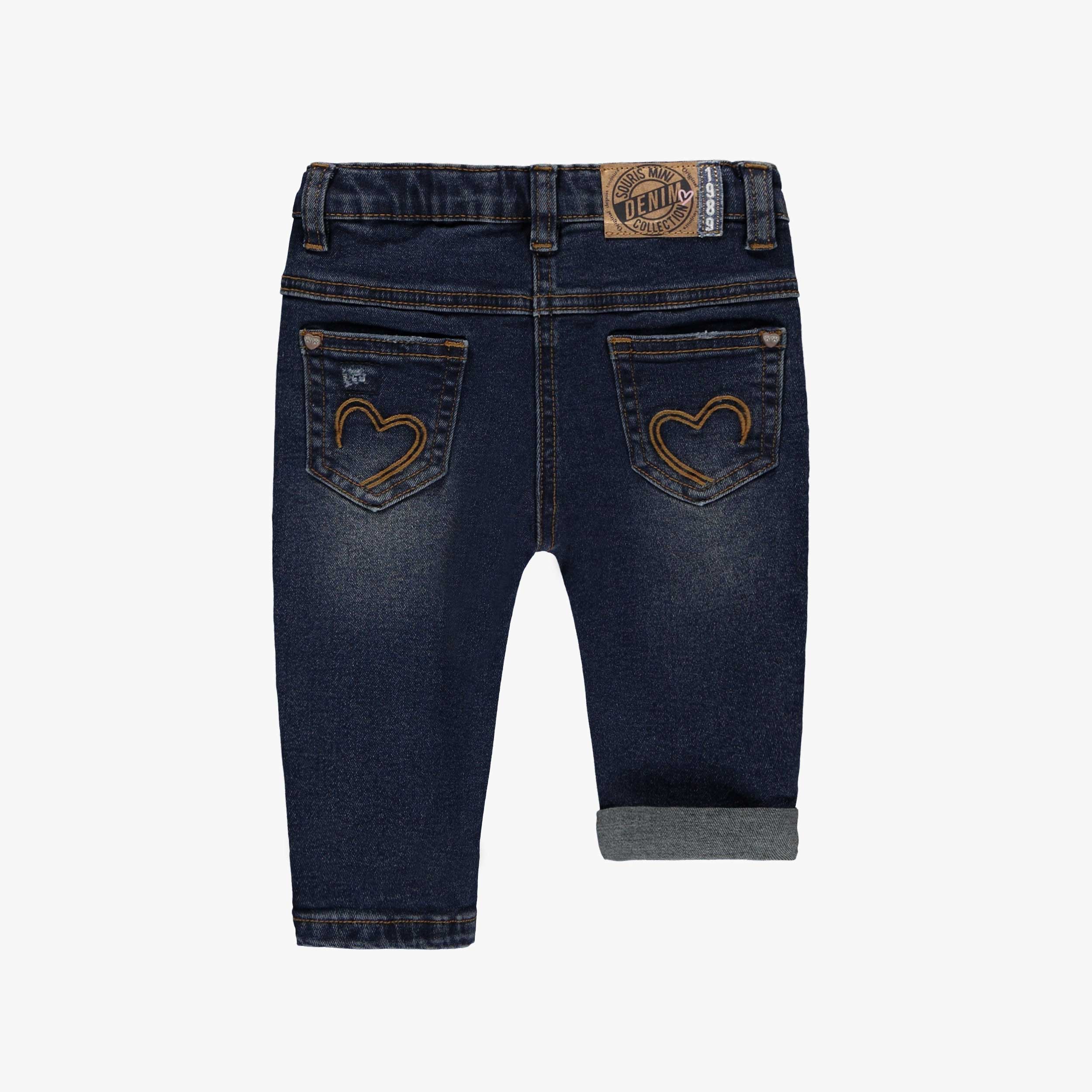 Dos du pantalon en denim bleu foncé avec coutures apparentes, bébé
