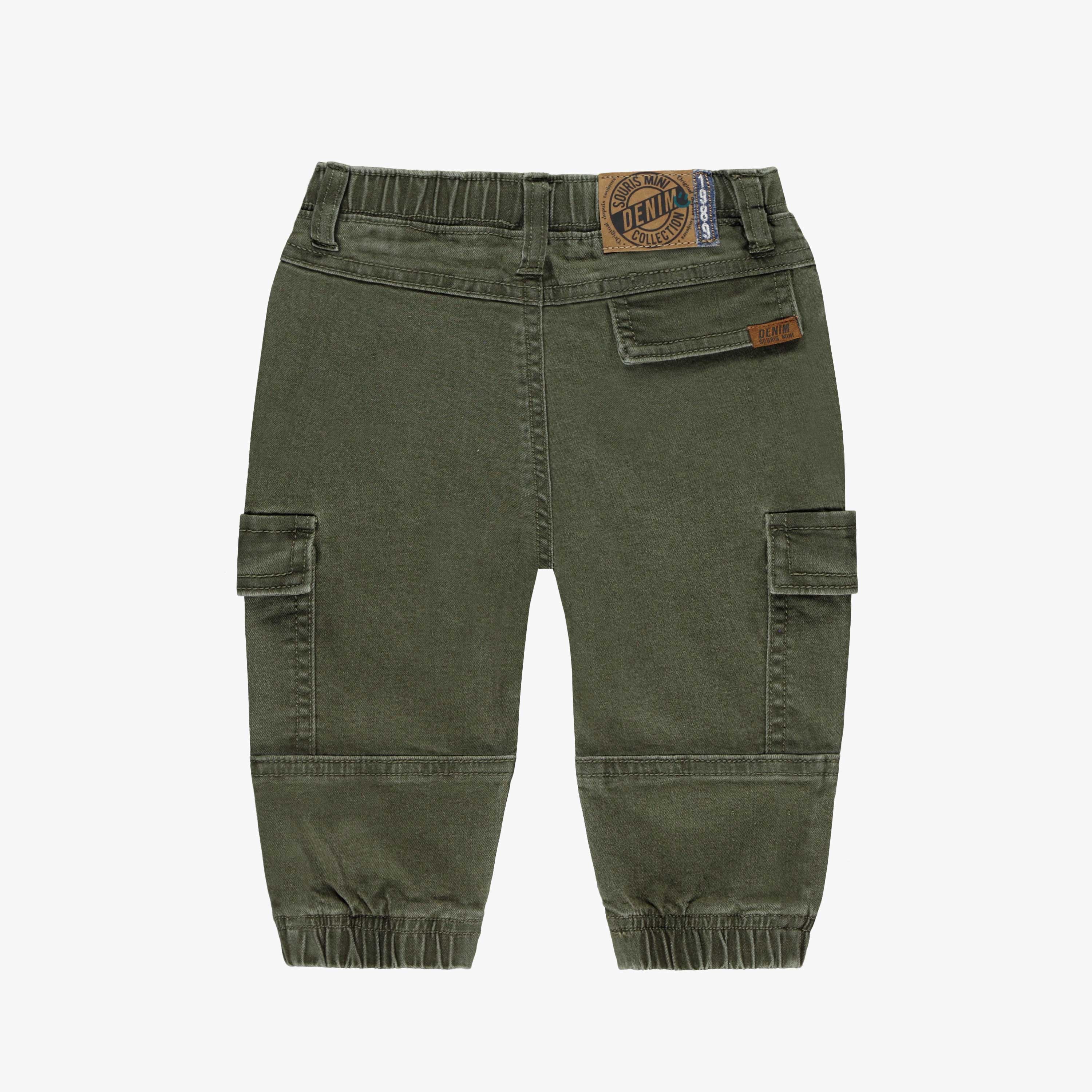 Dos du pantalon vert en denim extensible avec poches cargo, bébé