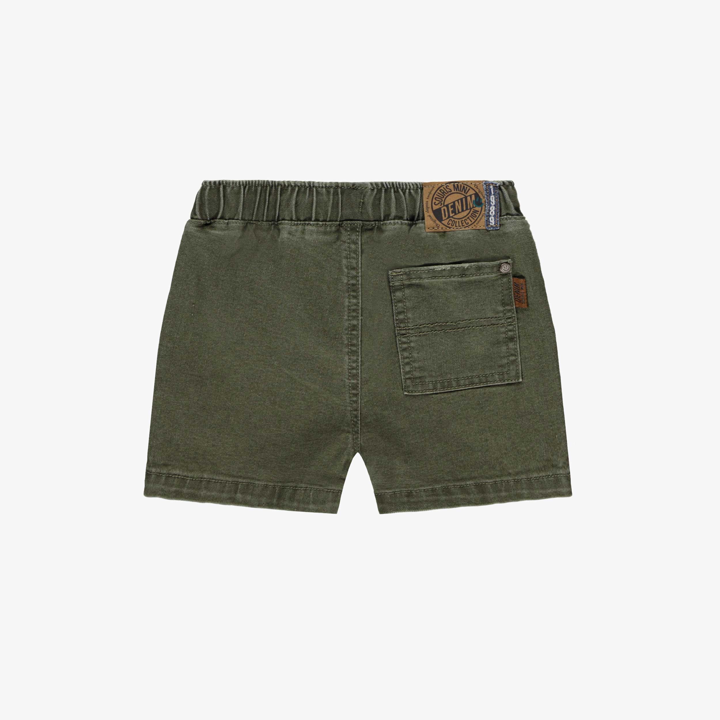 Dos du short de denim vert à taille élastique, bébé