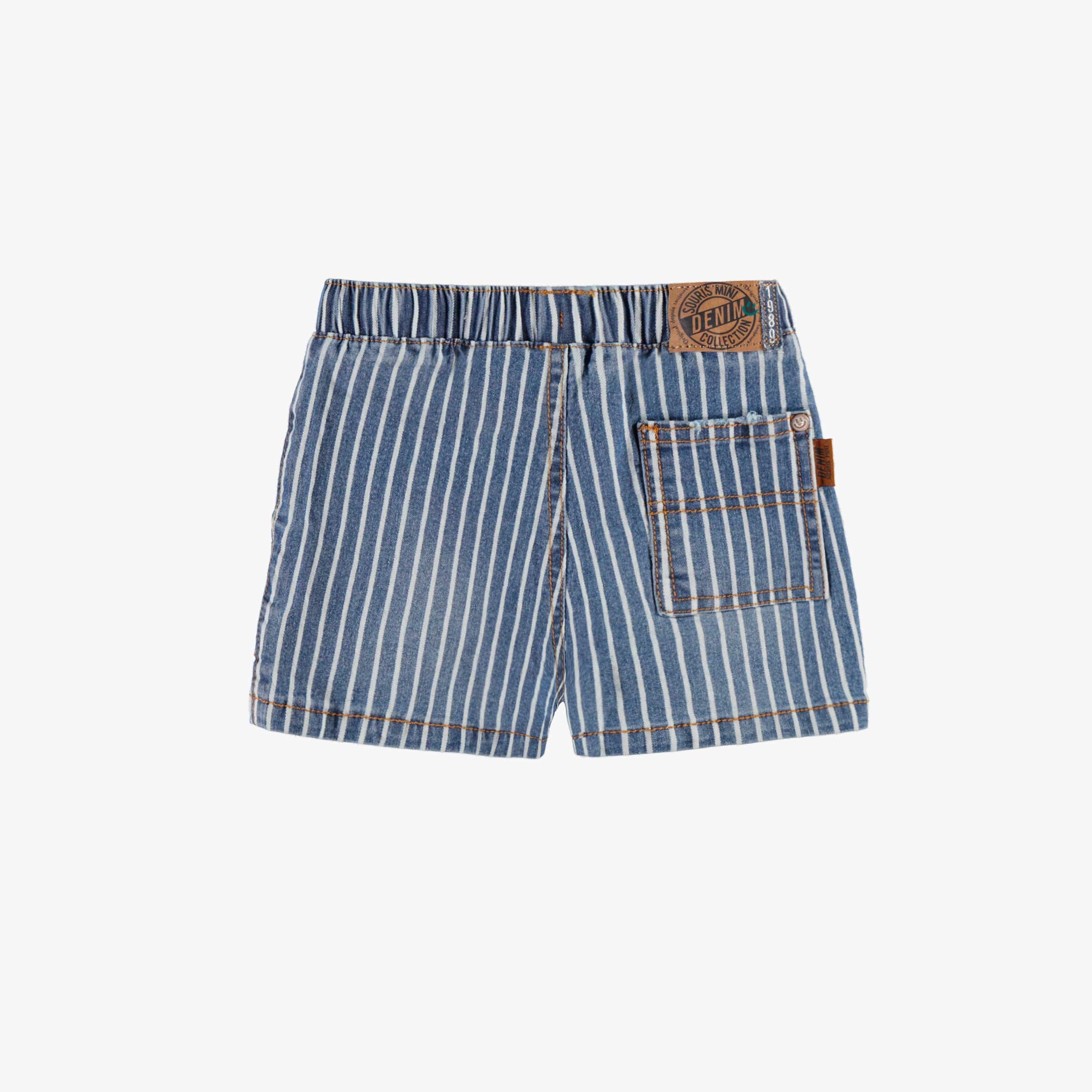 Dos du short en denim bleu à rayures, bébé