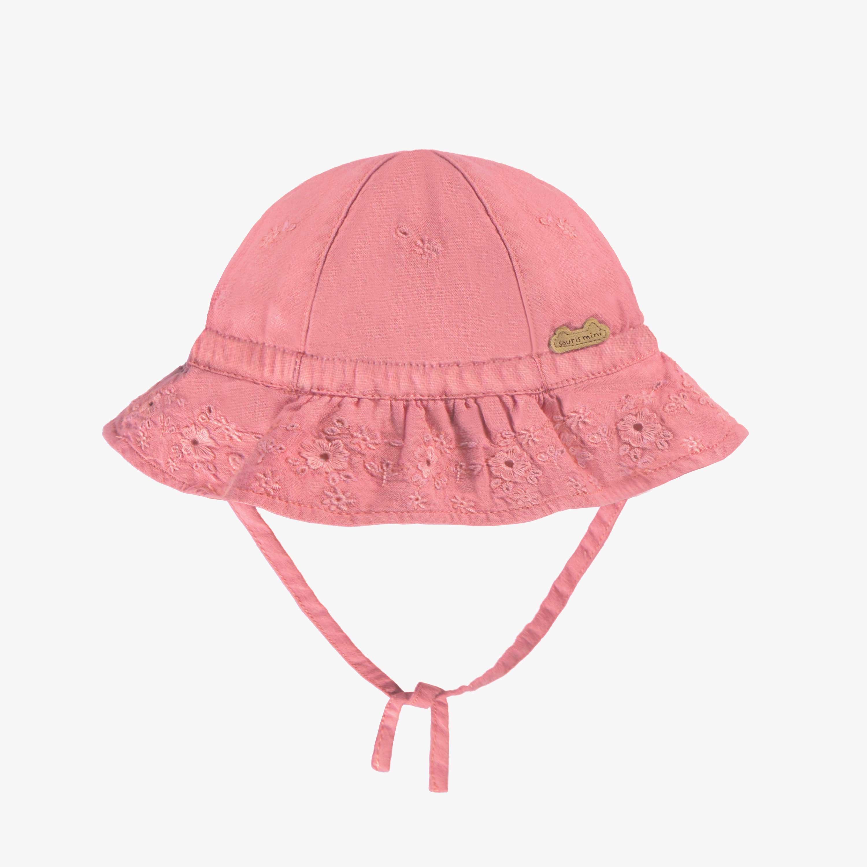 Chapeau cloche rose cendré avec broderie anglaise, bébé