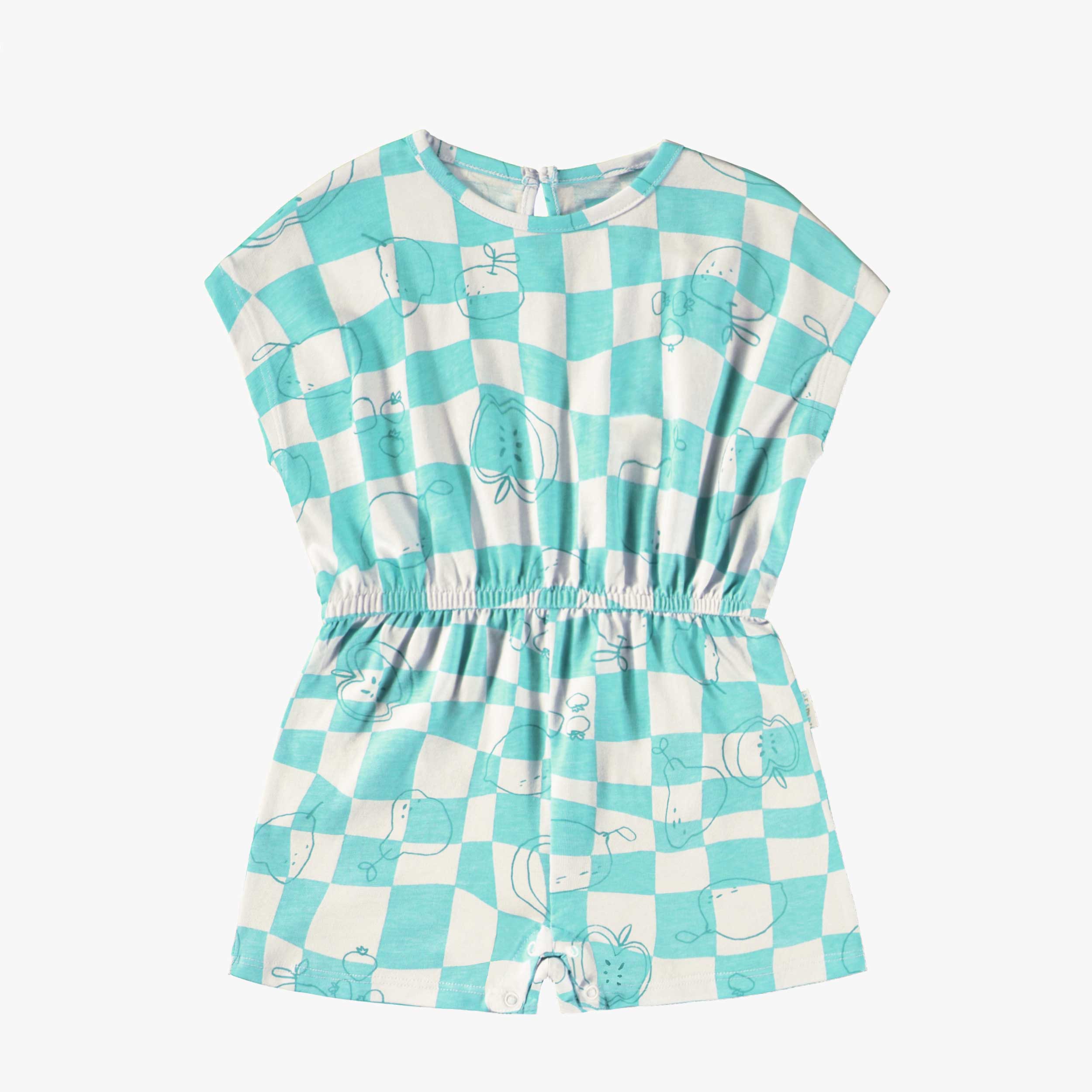 Combishort bleu aqua et crème à carreaux et motifs, bébé