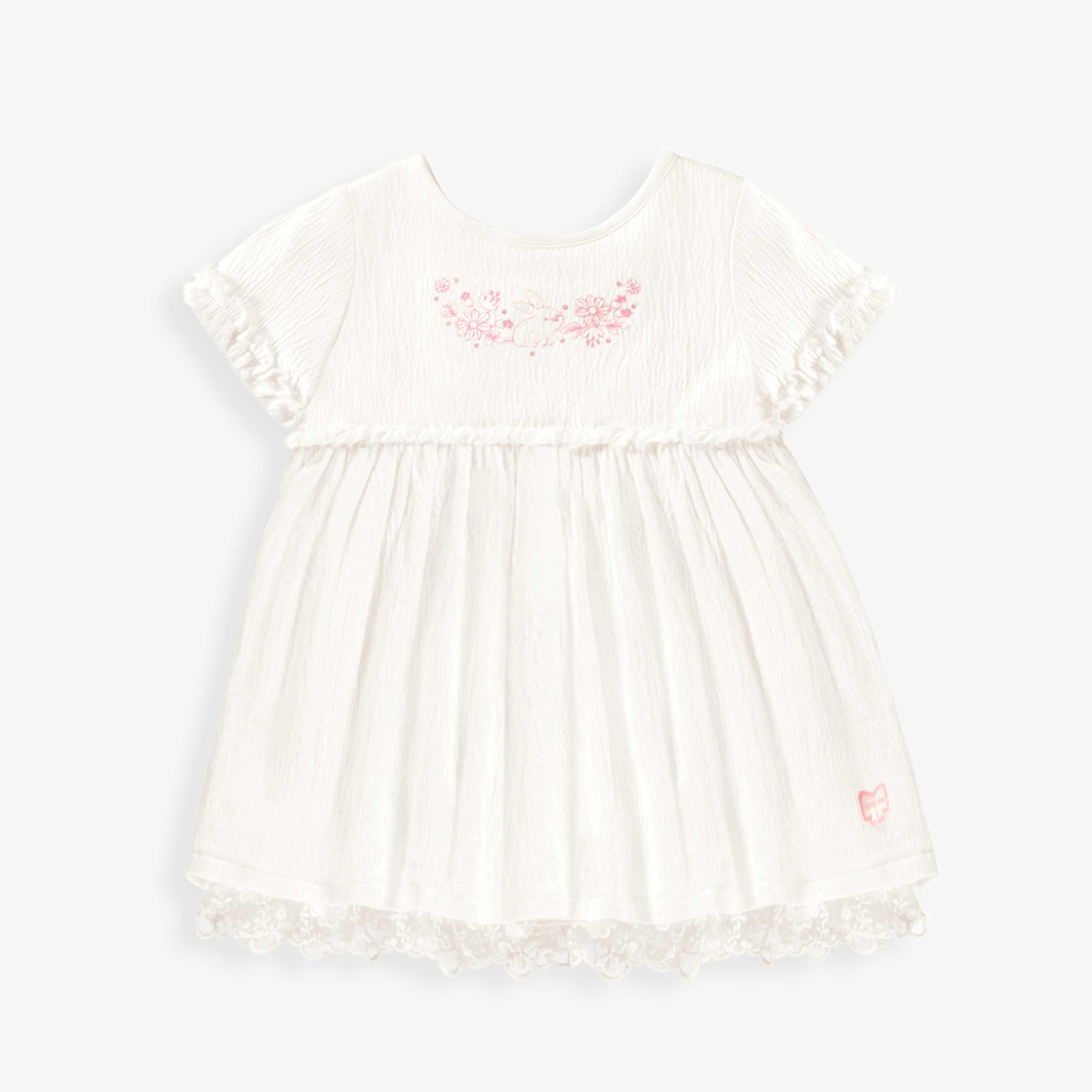 Robe blanche en jersey crêpé avec broderies de fleurs, bébé