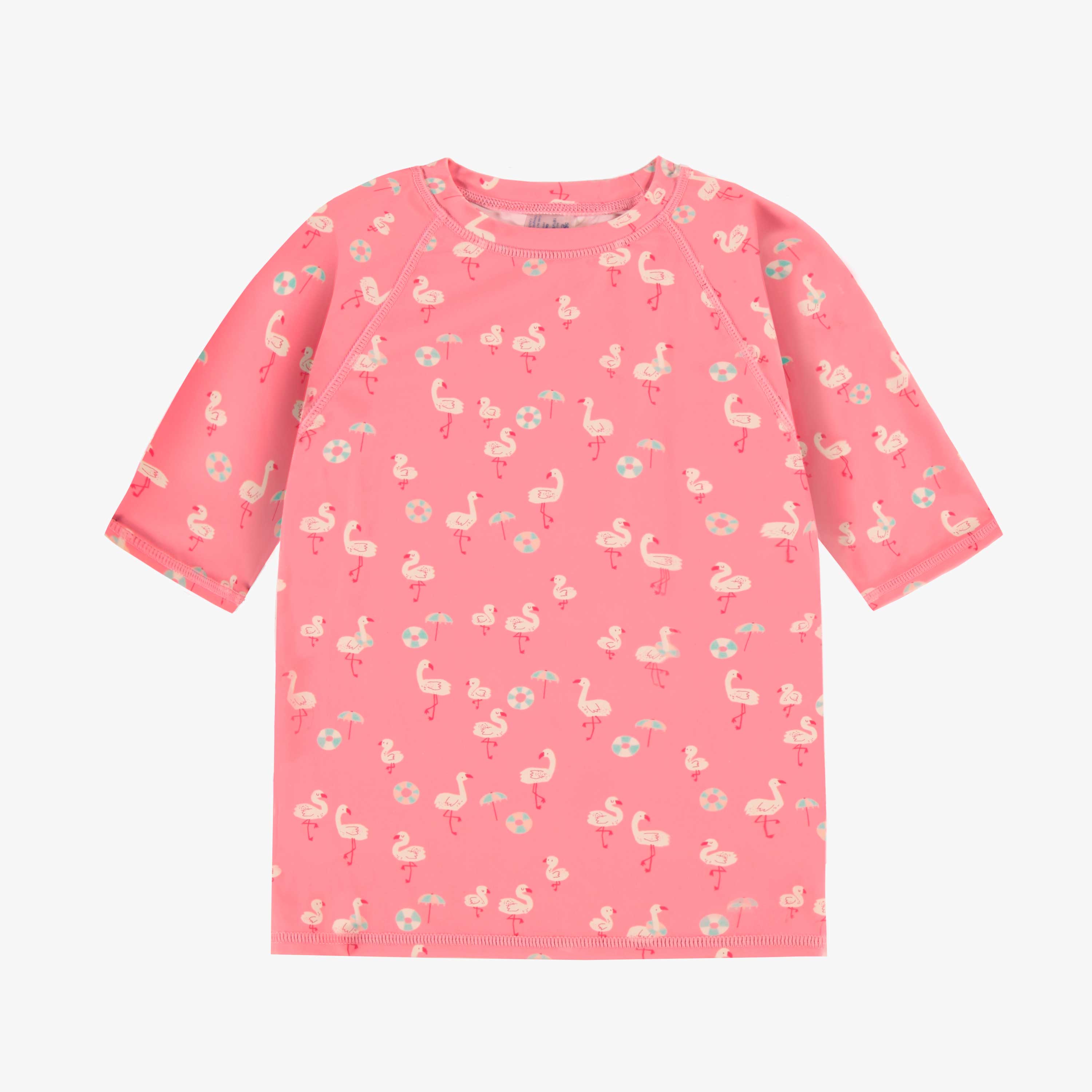 T-shirt de bain rose à motifs de flamants et parasols, enfant