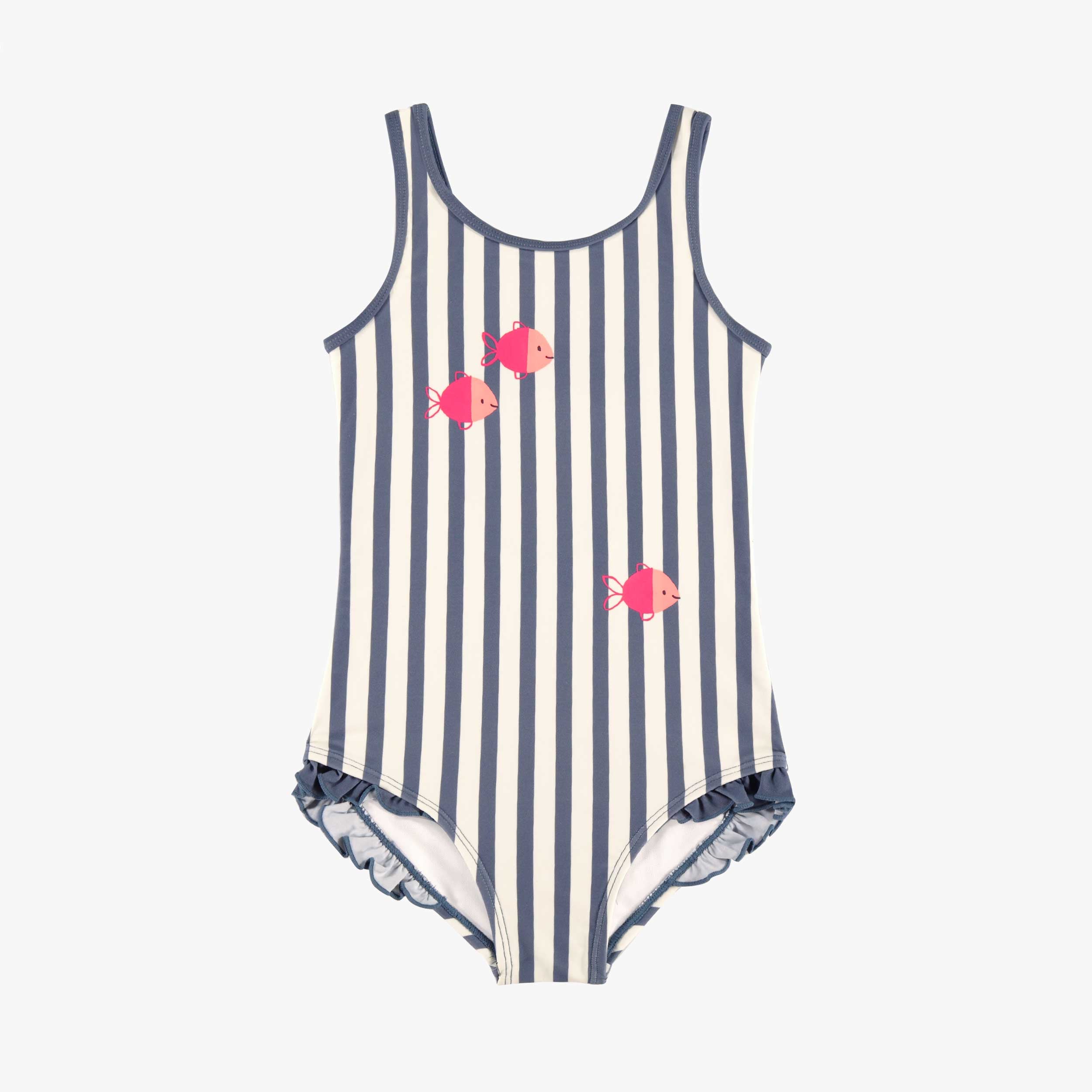 Maillot de bain u ne pièce blanc et bleu à rayures et poissons, enfant