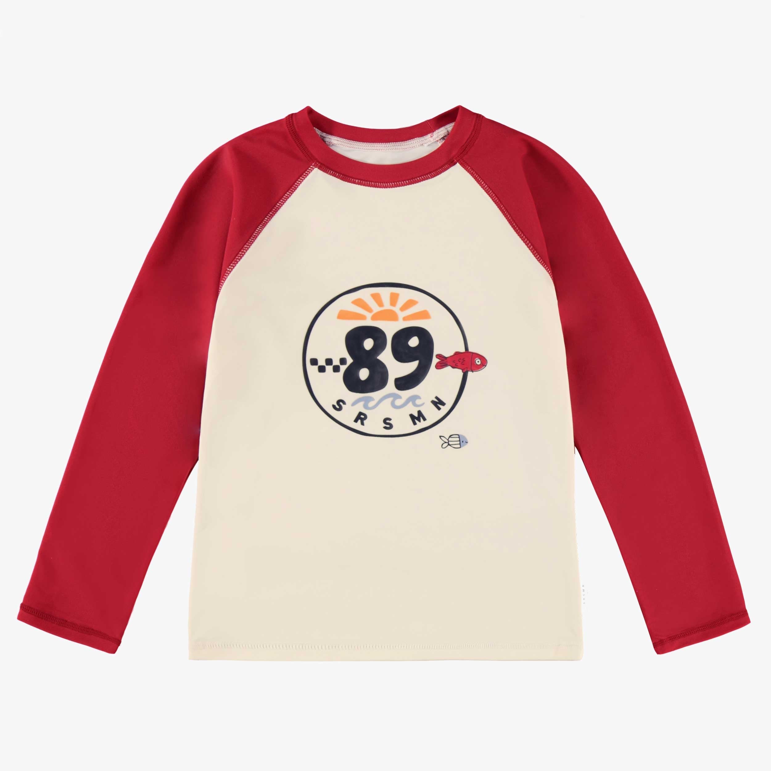 Cream swim t-shirt with red long sleeves, child