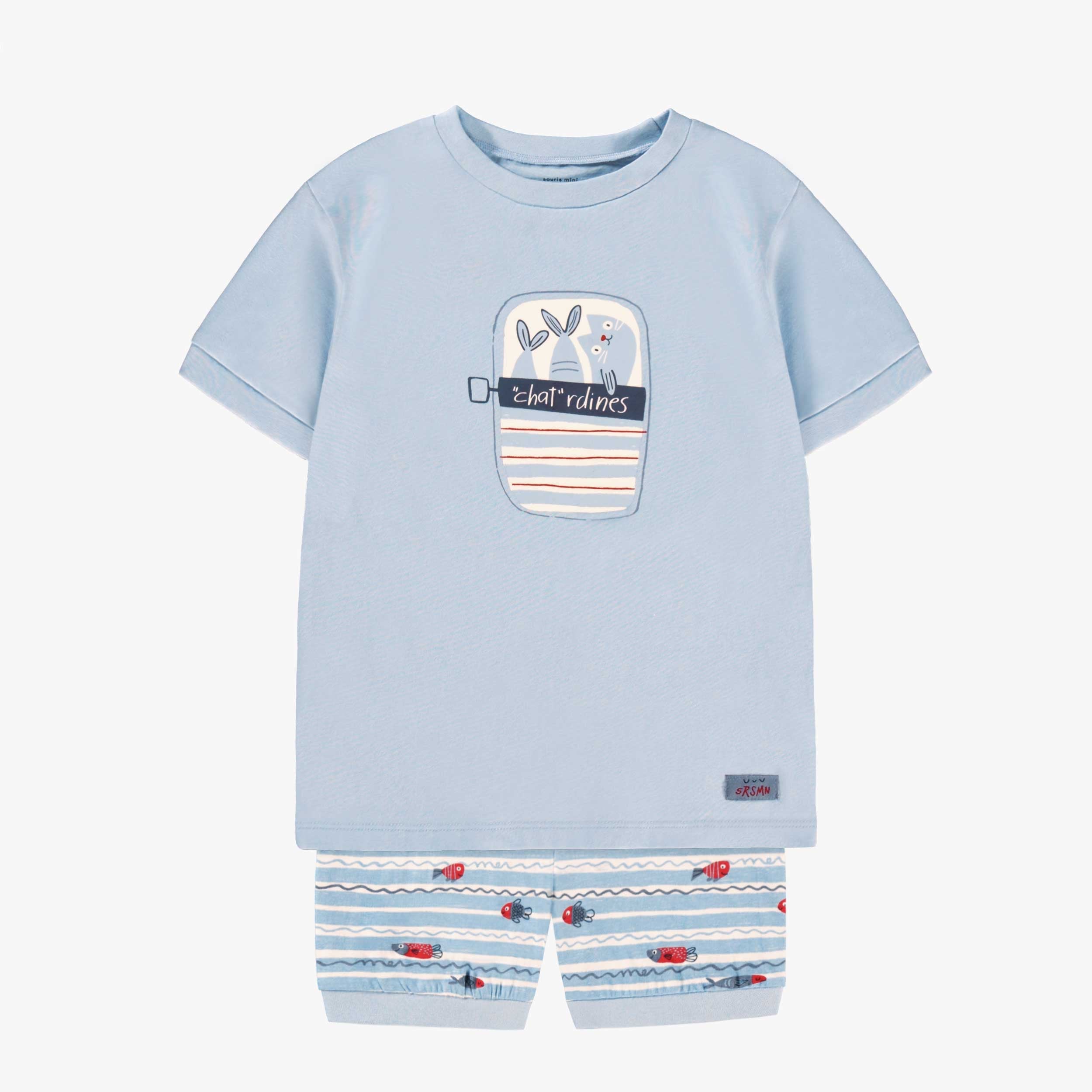 Pyjama deux pièces bleu avec illustration et motifs, enfant