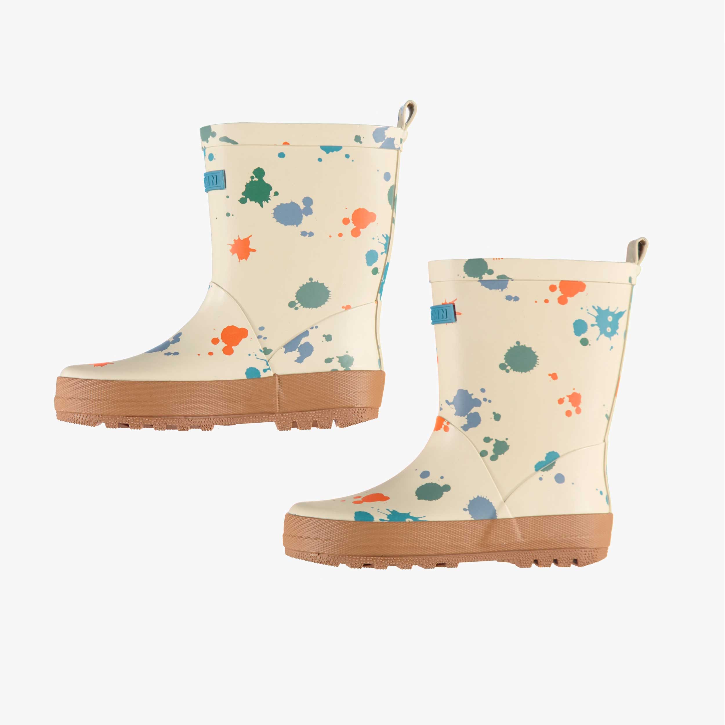 Cream and brown waterproof rain boots with paint splatter all over print