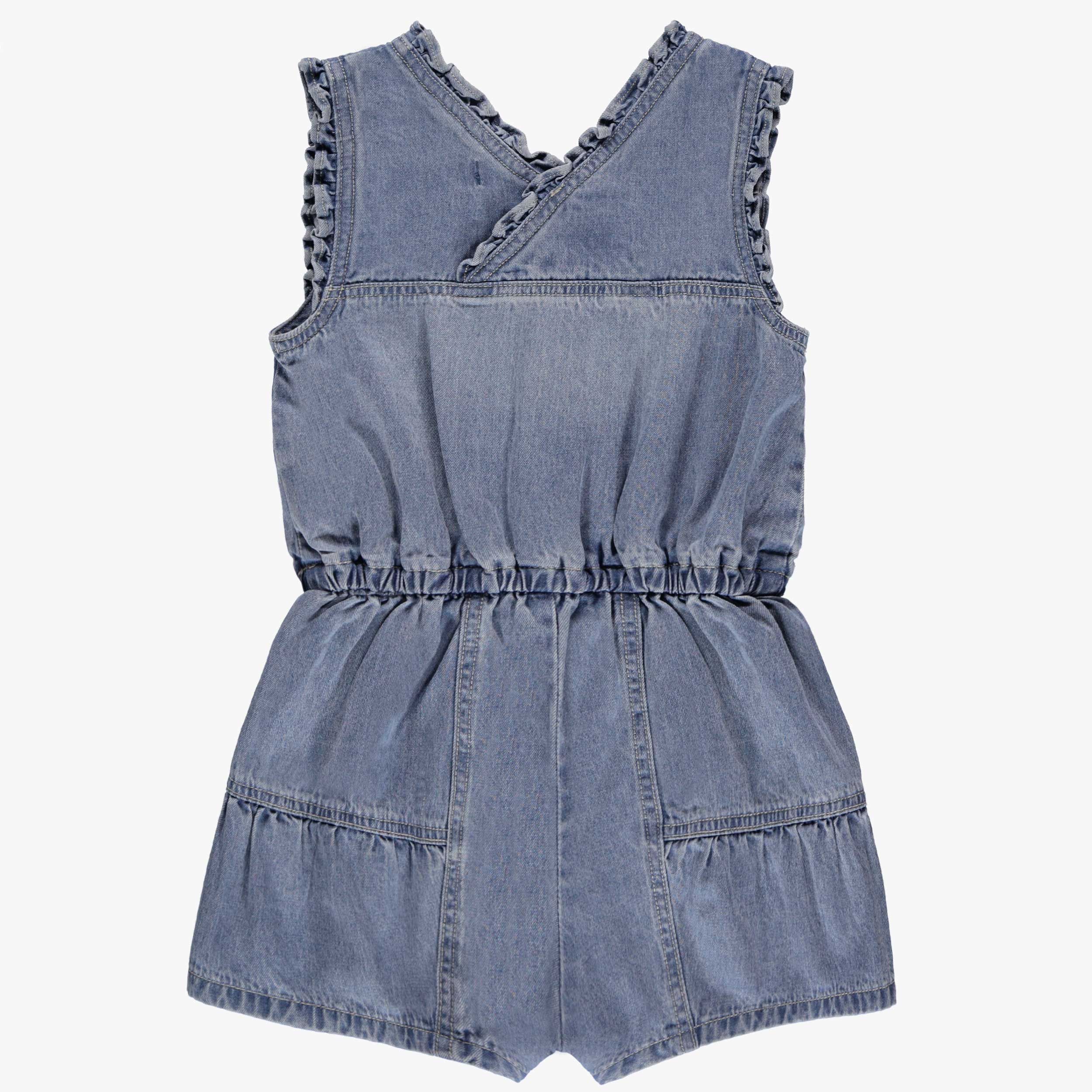 Dos de la combishort bleu en denim avec broderies, enfant